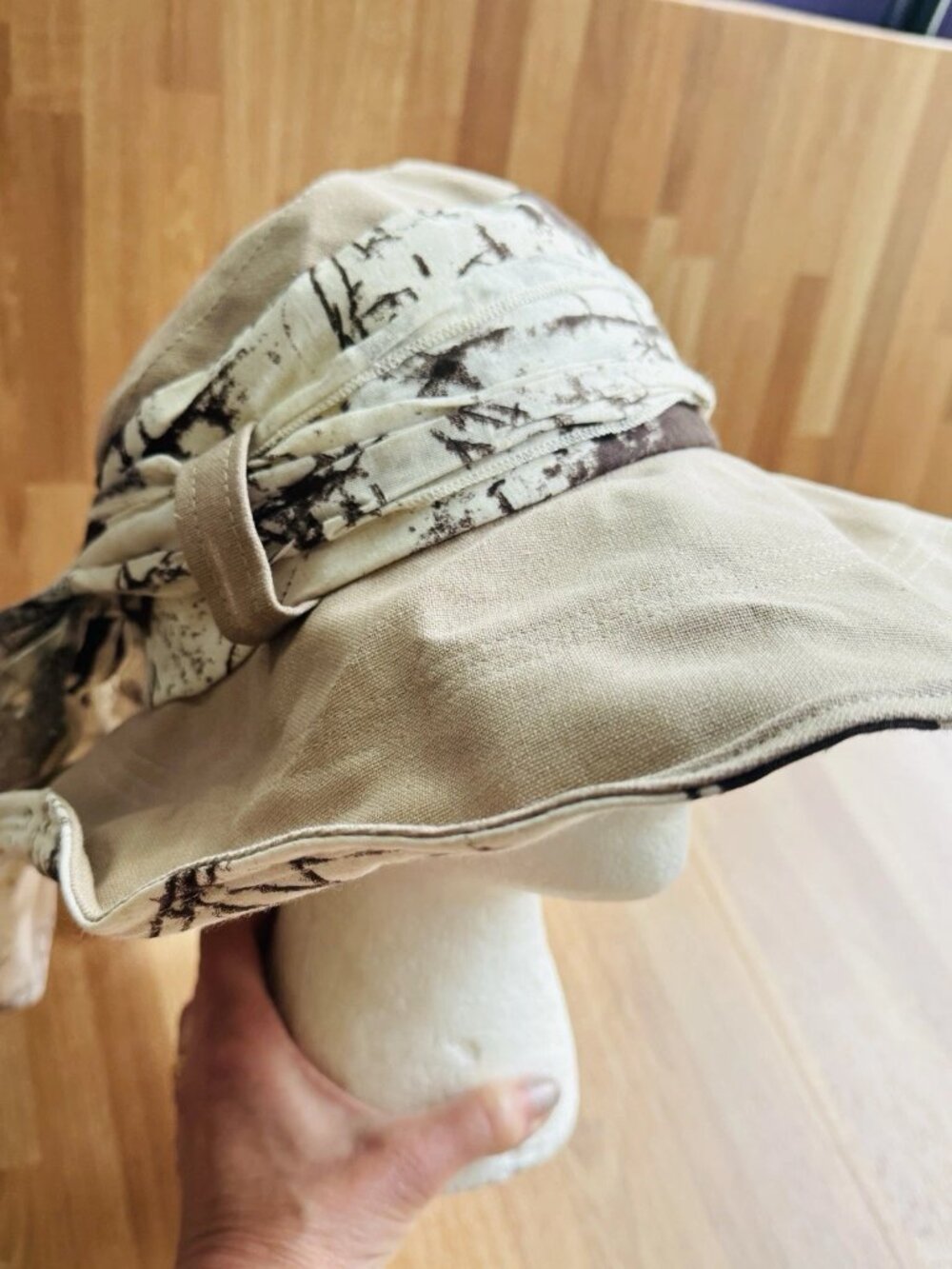 Brown Linen Cotton Sun Hat with Bow Travel Foldable Floppy Garden Wire Wide Brim